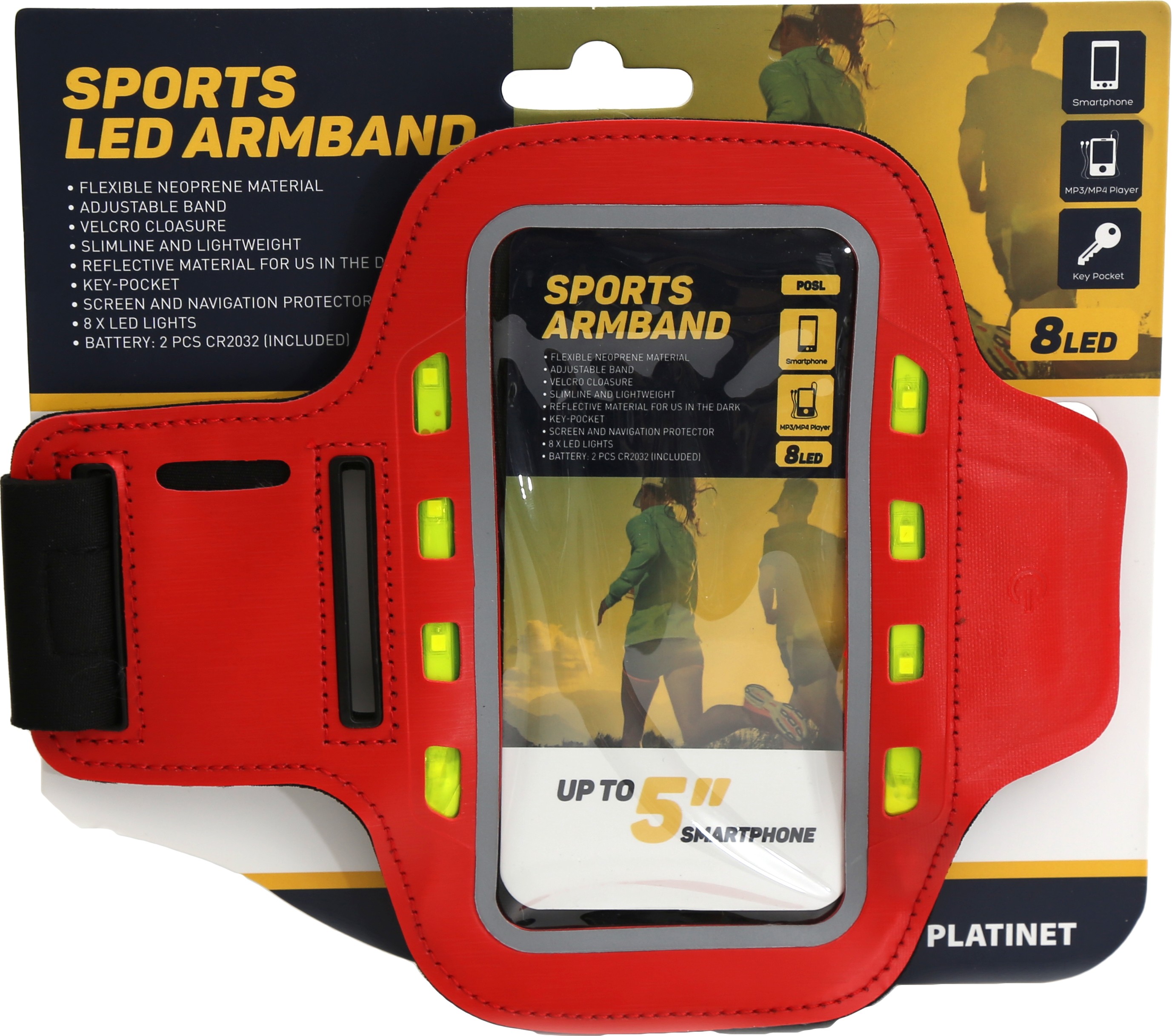 Platinet armband Sport LED, red (43708)