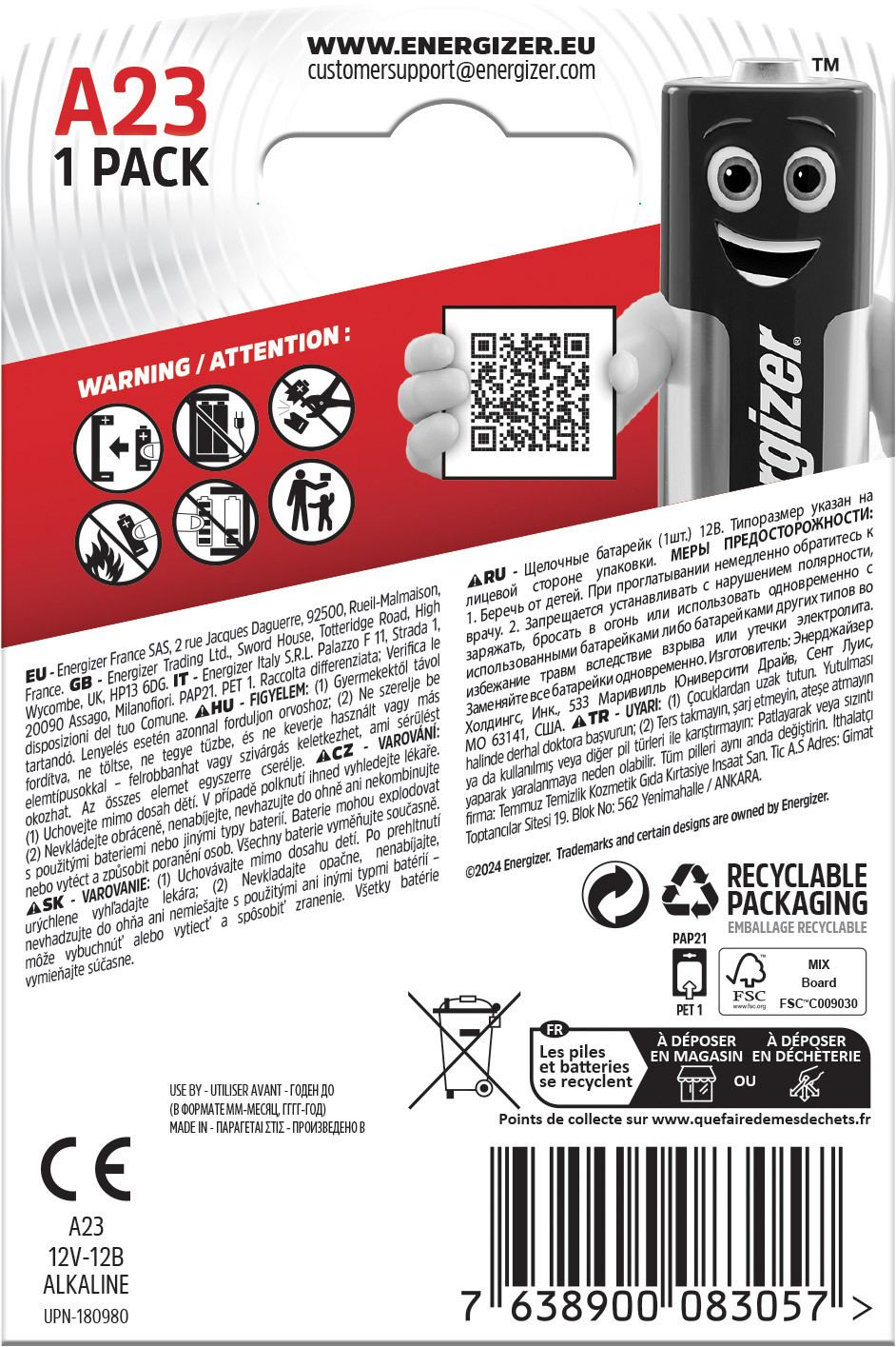 Energizer battery Alkaline A23/E23A BP1 |