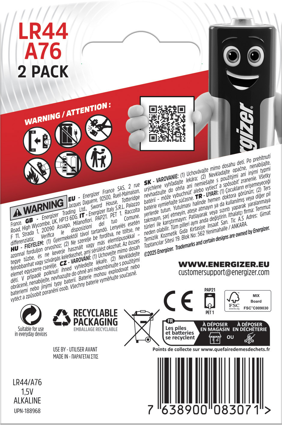 Energizer battery Alkaline A76/LR44 BP2 |