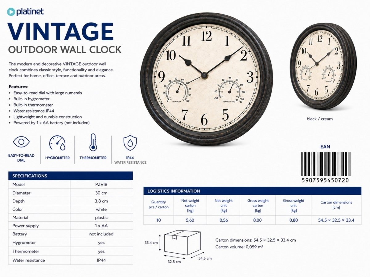 Platinet Wall clock  ścienny vintage waterproof